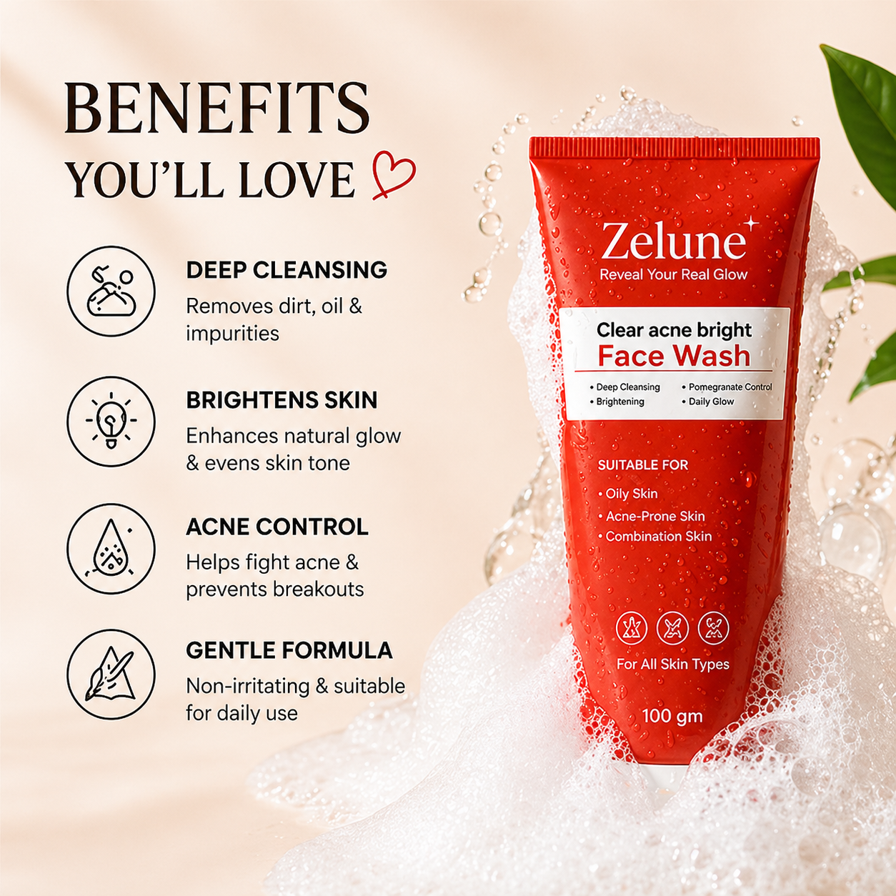 ZELUNE Vitamin C & Niacinamide Face Wash for Acne & Oil Control